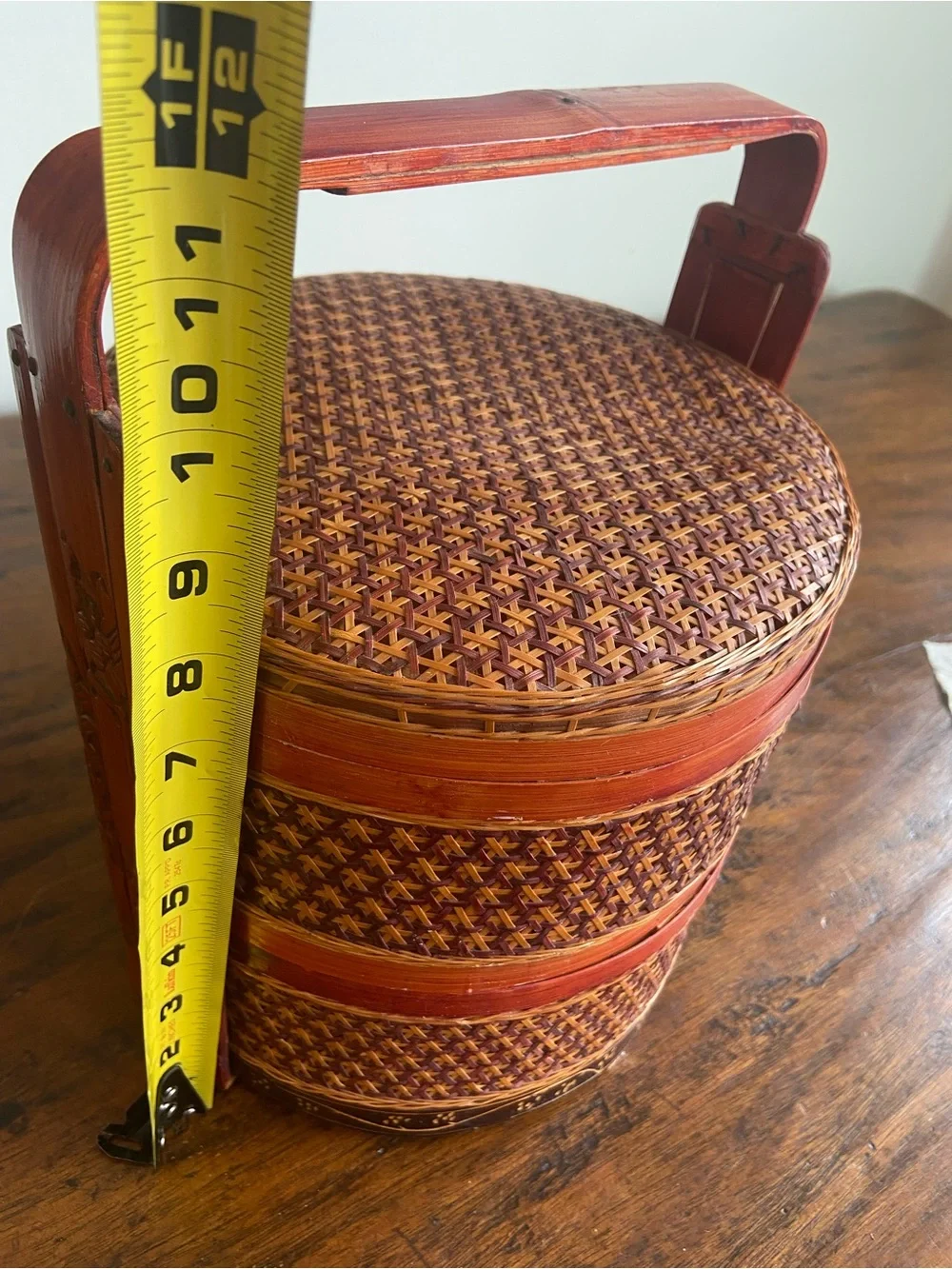 Handwoven Bamboo Stacking Basket with Handle - Red and Brown
